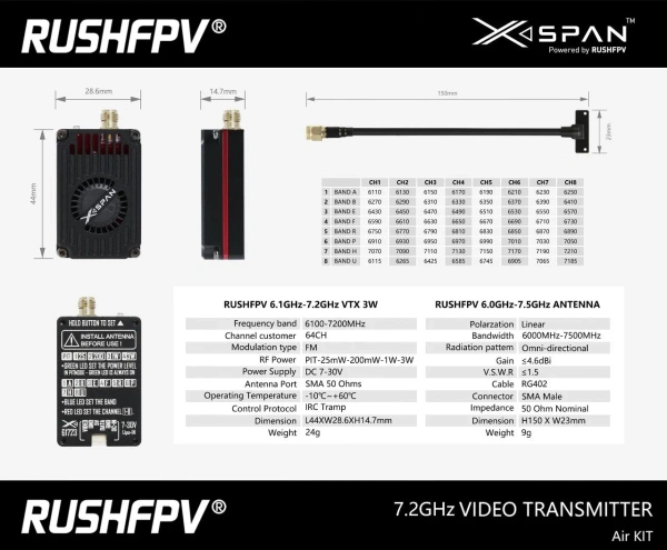 RUSHFPV 7.2G 3W VTX + Antenna 64CH IRC Tramp