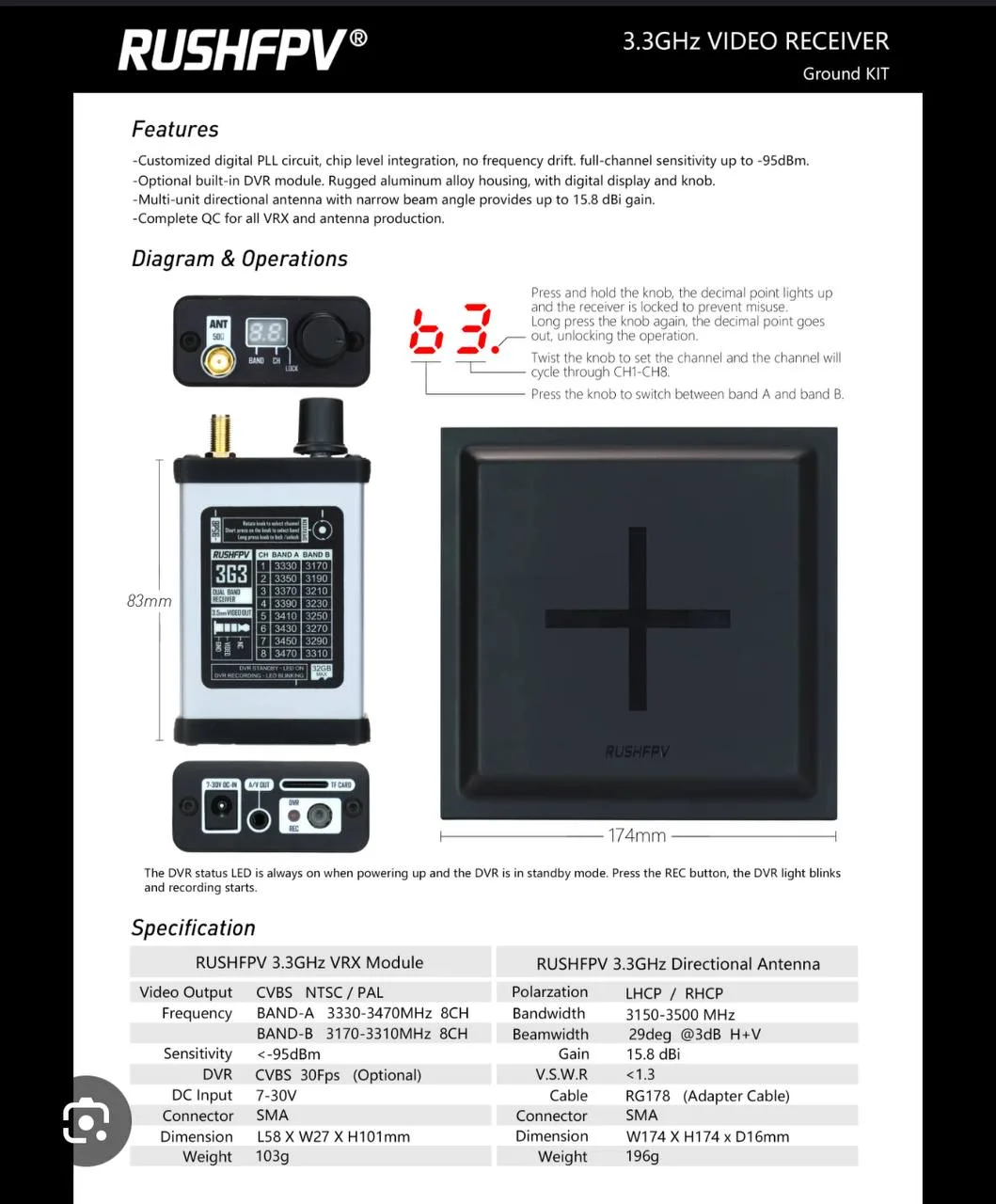RushFPV 3.3GHz VRX Video Receiver Ground Kit