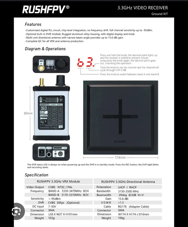 RushFPV 3.3GHz VRX Video Receiver Ground Kit