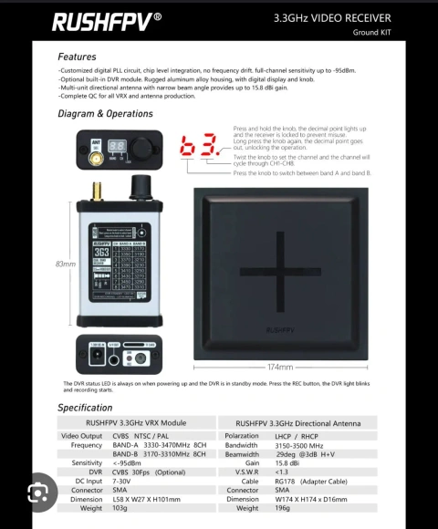 RushFPV 3.3GHz VRX Video Receiver Ground Kit