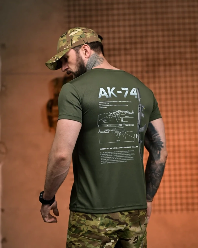 Футболка з принтом АК-74, чоловіча, CoolMax, олива/чорний/койот, розміри M-3XL — фото 3