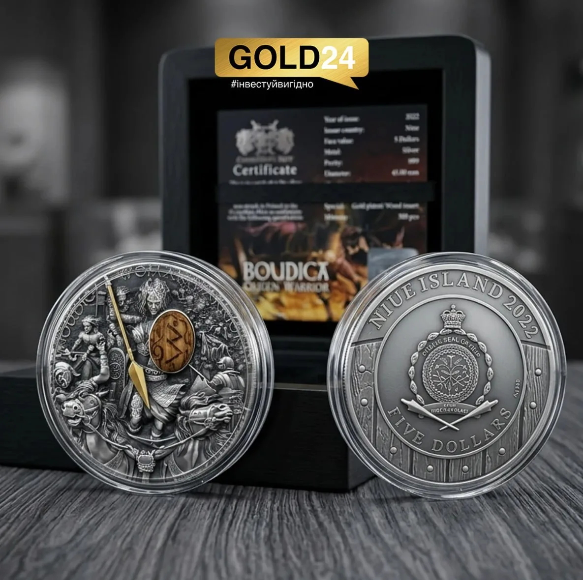 Монета срібна «Боудіка: Королева-воїн» Ніуе 2022, 62.2г, 999 проба, з позолотою
