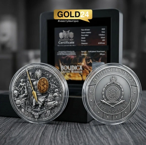 Монета срібна «Боудіка: Королева-воїн» Ніуе 2022, 62.2г, 999 проба, з позолотою