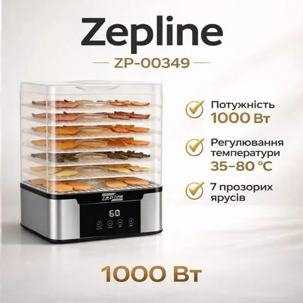 Сушарка для овочів, фруктів, м'яса та риби Zepline ZP-00349, 1000 Вт, 7 ярусів, регулювання температури