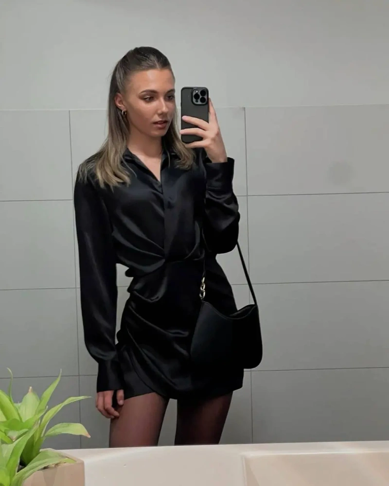 Чорна атласна сукня Zara з довгим рукавом розмір M — фото 4
