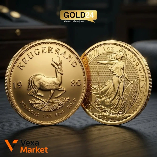 Золотые монеты Krugerrand и Britannia