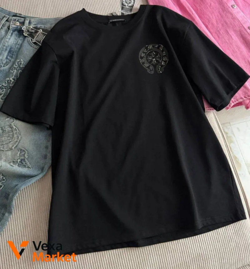 Футболка Chrome Hearts чорна/біла з вишивкою та стразами — фото 2