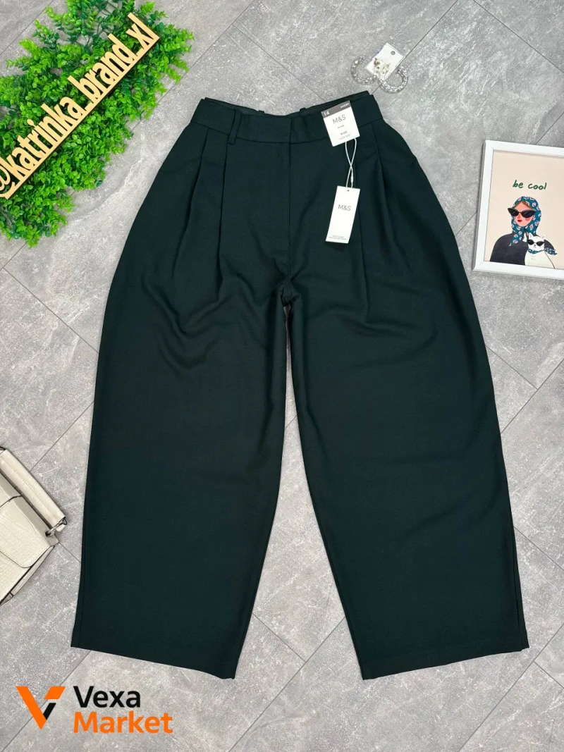 Темно-зеленые брюки-палаццо M & S с высокой посадкой — фото 4