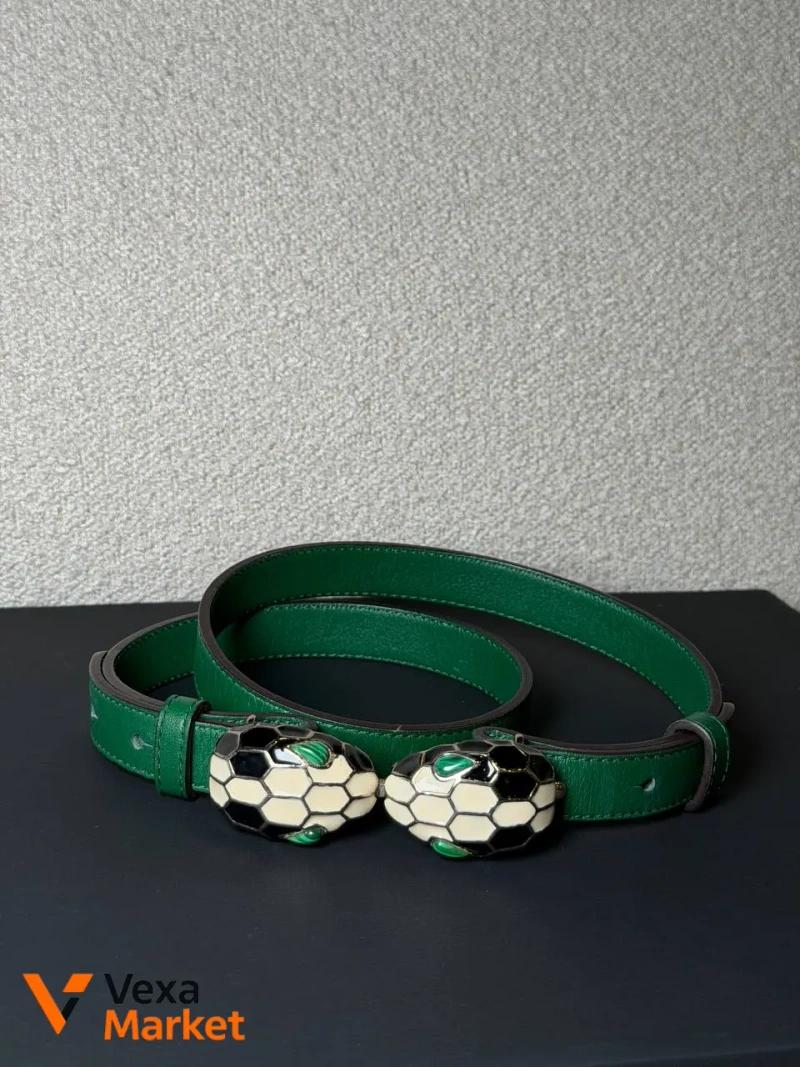 Зелений шкіряний пояс BVLGARI з головами змій, довжина 85 см — фото 2