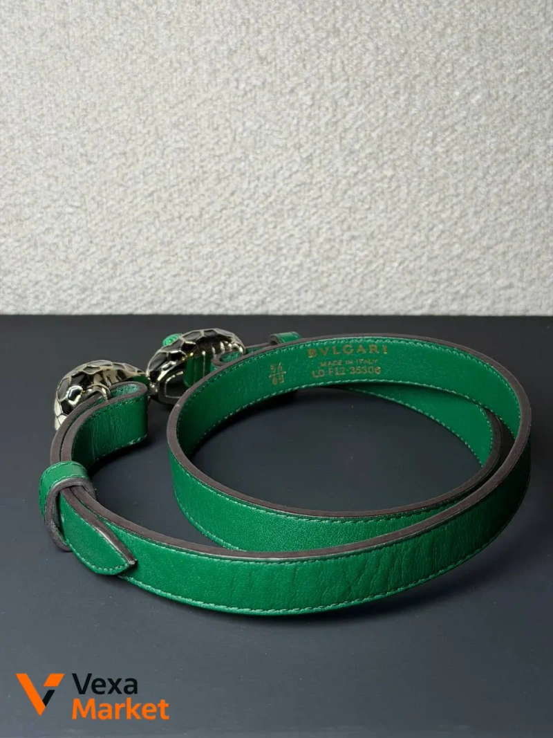 Зелений шкіряний пояс BVLGARI з головами змій, довжина 85 см — фото 3