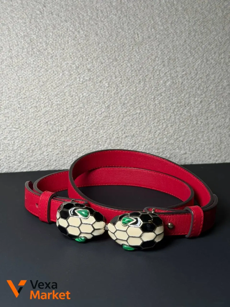 Червоний шкіряний пояс BVLGARI з пряжкою у вигляді змії — фото 2