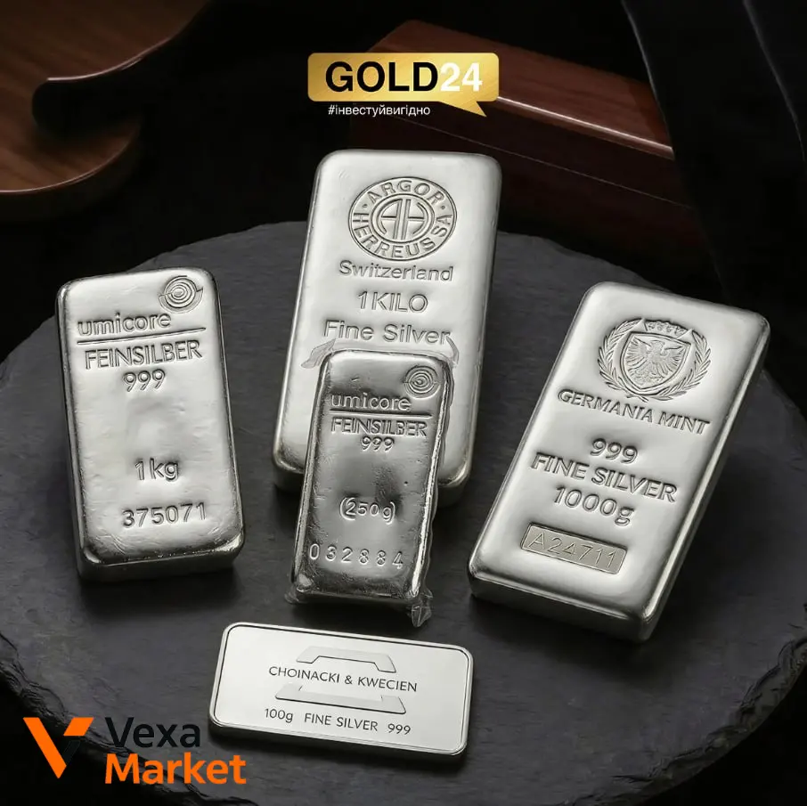 Срібні зливки Germania Mint, Umicore, Argor-Heraeus