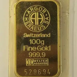 Золотий зливок 100г Argor-Heraeus Fine Gold 999,9