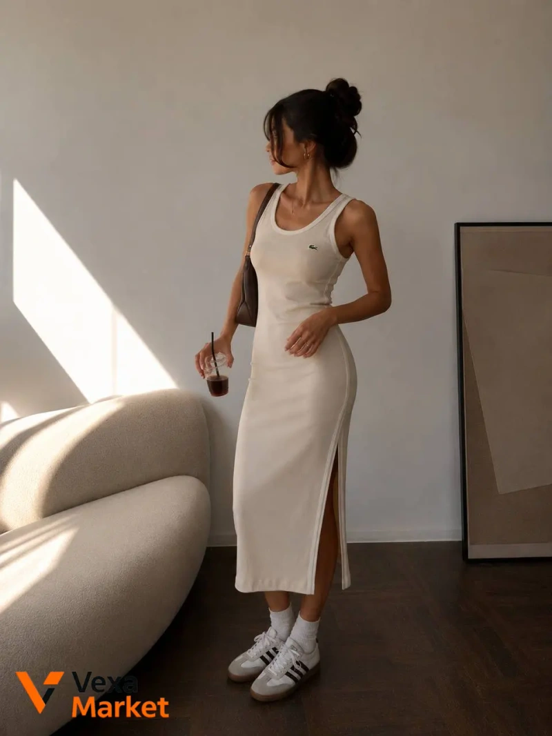Платье Lacoste из шлифованного хлопка, женское, бежевое или темно-синее — фото 3