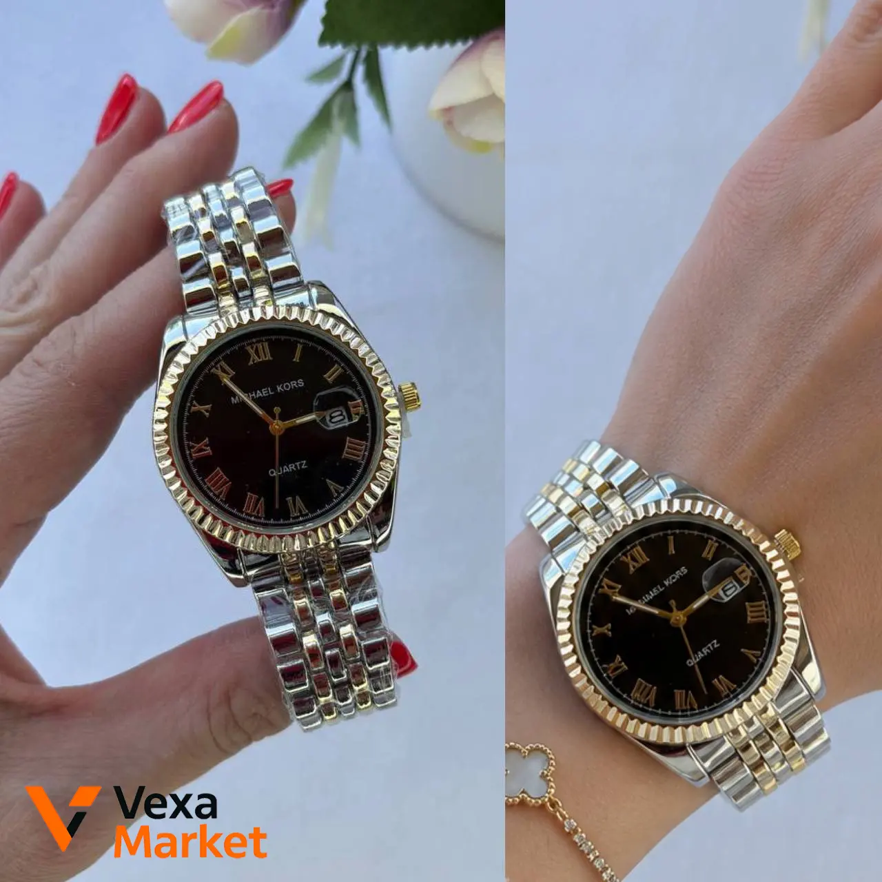 Женские часы Michael Kors серебристо-золотистые с черным циферблатом