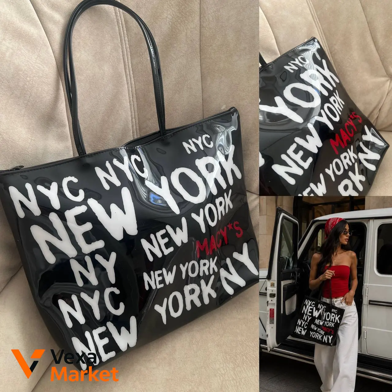 Сумка YKK натуральная кожа/лак черная с принтом NEW YORK