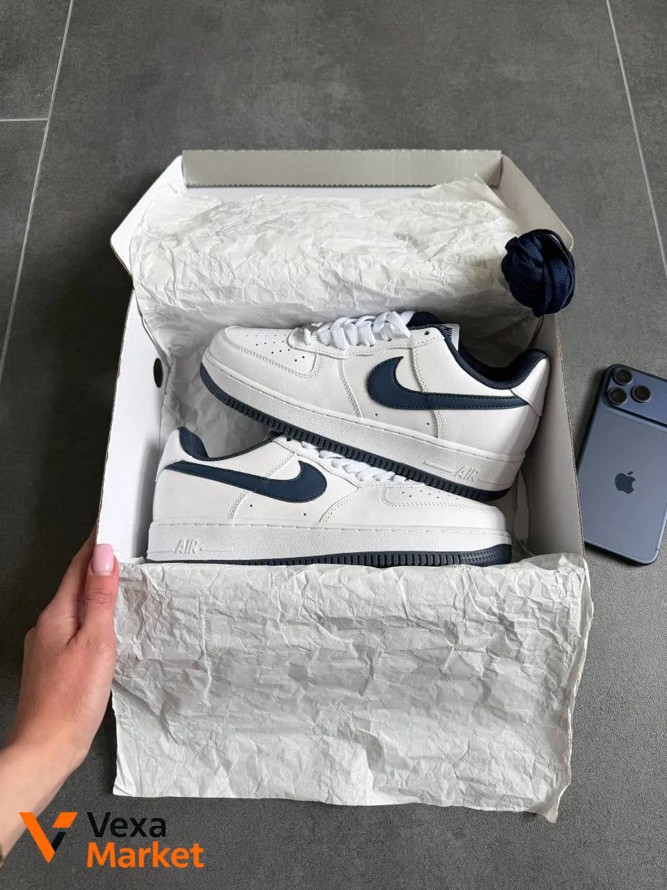 Nike Air Force 1 Low White Navy Blue шкіра