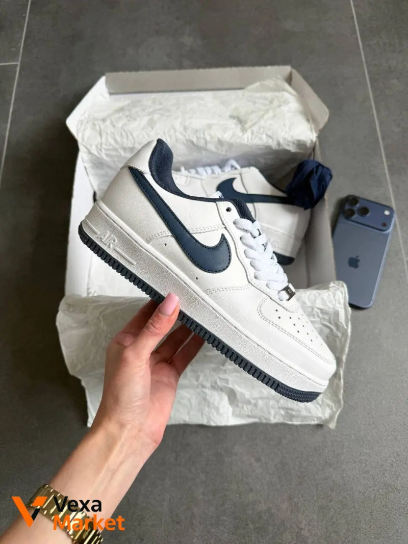 Nike Air Force 1 Low White Navy Blue шкіра — фото 2