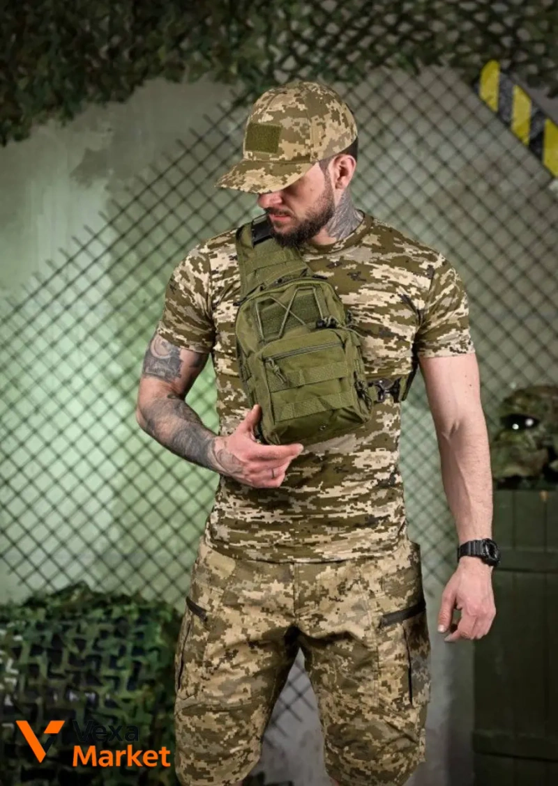 Літній тактичний костюм мультикам/піксель (кепка, футболка, шорти, сумка) — фото 3