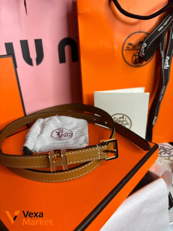 Ремінь Hermes карамель/холодний беж, фурнітура золото, довжина 105см