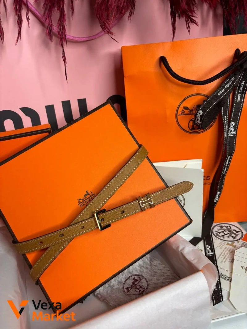 Ремінь Hermes карамель/холодний беж, фурнітура золото, довжина 105см — фото 2