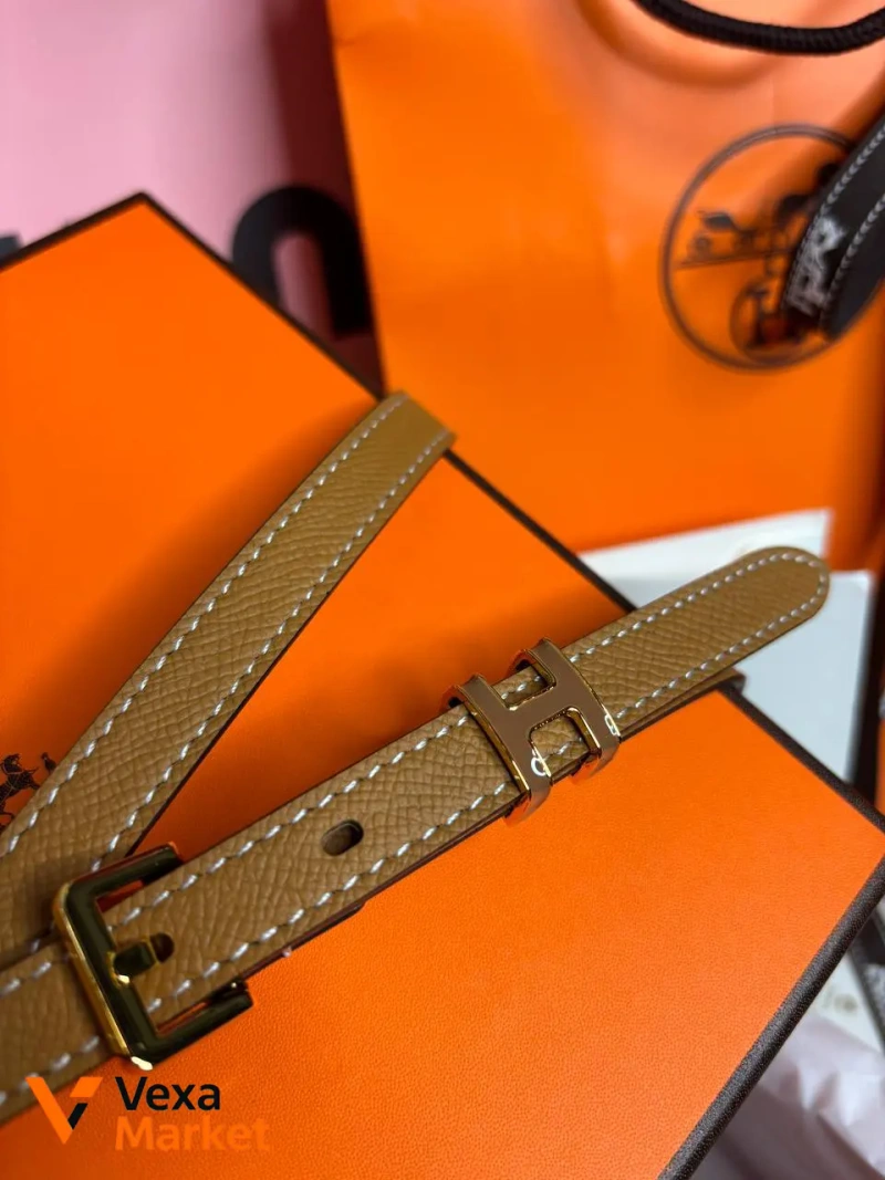 Ремінь Hermes карамель/холодний беж, фурнітура золото, довжина 105см — фото 3
