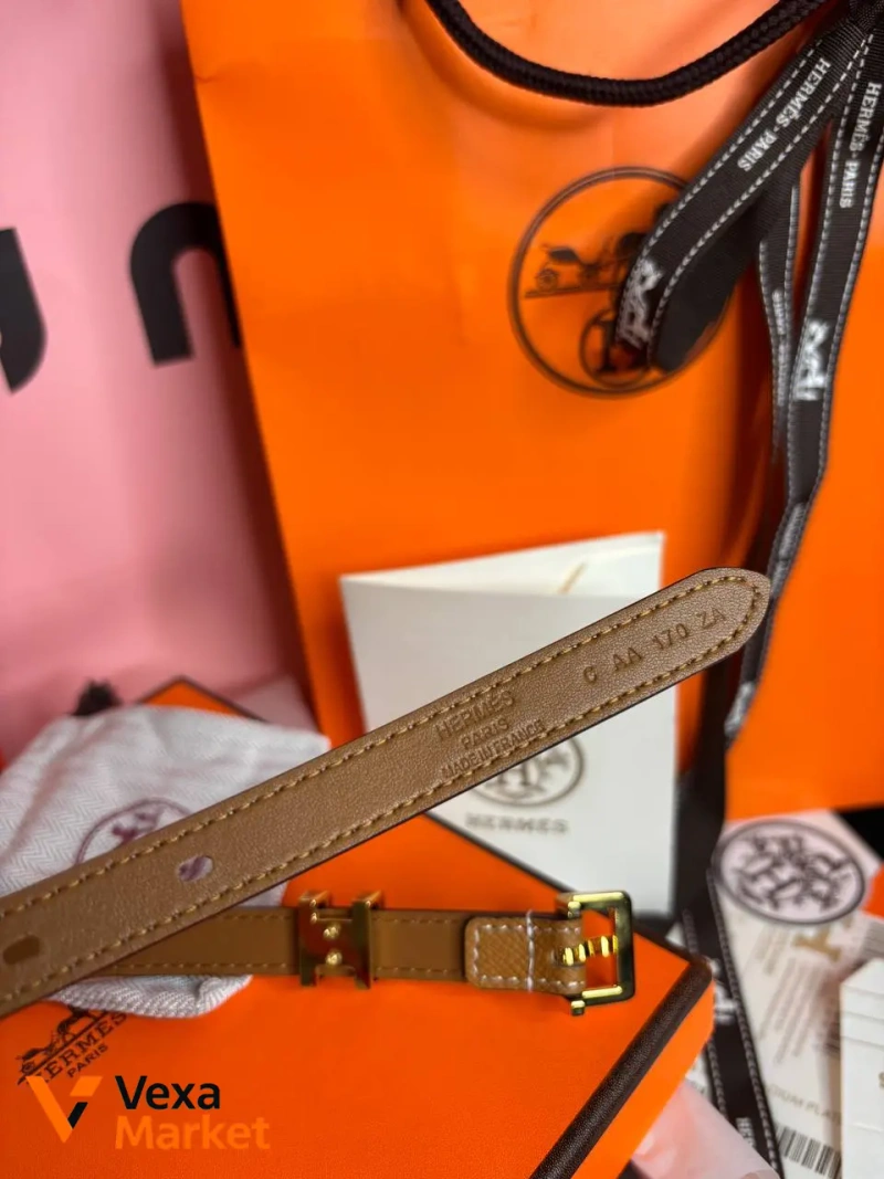Ремінь Hermes карамель/холодний беж, фурнітура золото, довжина 105см — фото 4
