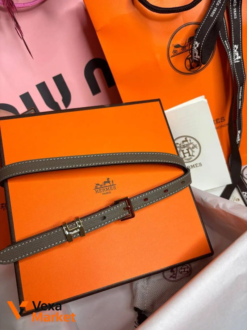 Ремінь Hermes карамель/холодний беж, фурнітура золото, довжина 105см — фото 5