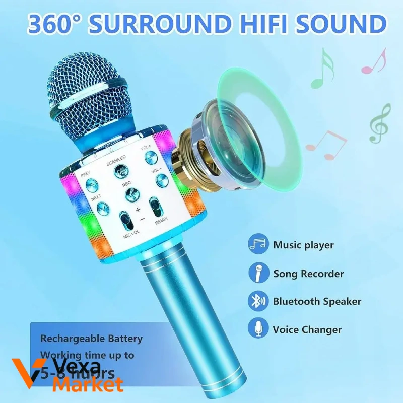 Jvcon Karaoke Microphone for Kids Blue - бездротовий Bluetooth-мікрофон з LED-підсвіткою — фото 4