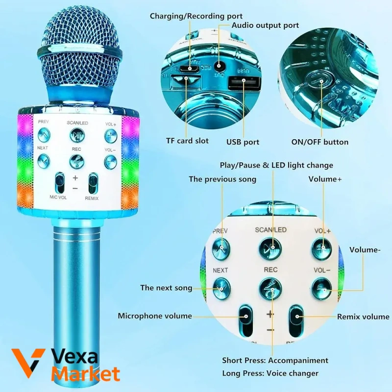 Jvcon Karaoke Microphone for Kids Blue - бездротовий Bluetooth-мікрофон з LED-підсвіткою — фото 5