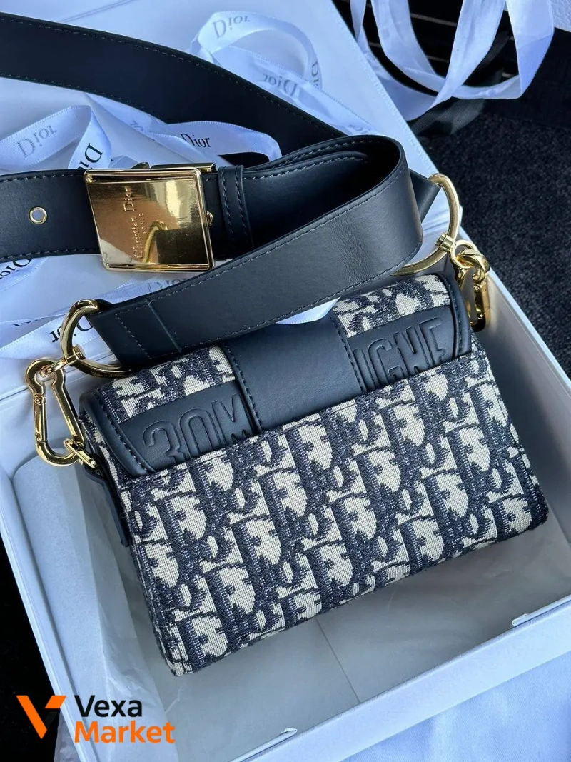 Christian Dior 30 Montaigne Bag Blue/Beige Текстиль/Шкіра — фото 6