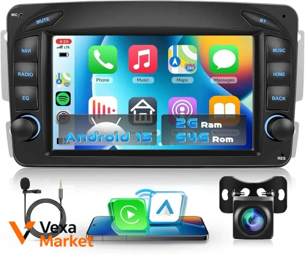 VECHTEL Autoradio 2G+64G Android 15 для Mercedes-Benz C-Class, CLK, G-Class W203, W209, W463, Viano, Vito W639