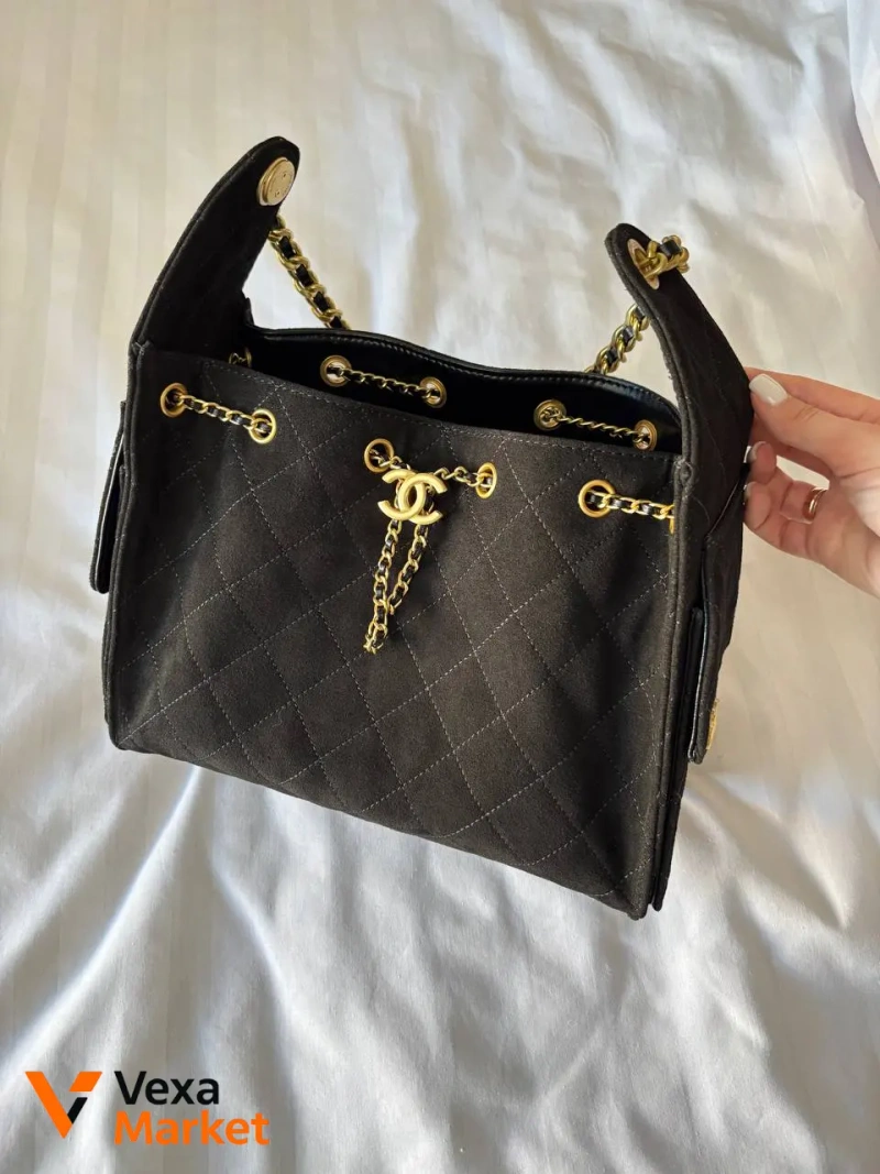 Chanel 25 Small Handbag Suede Black Gold Hardware — фото 2
