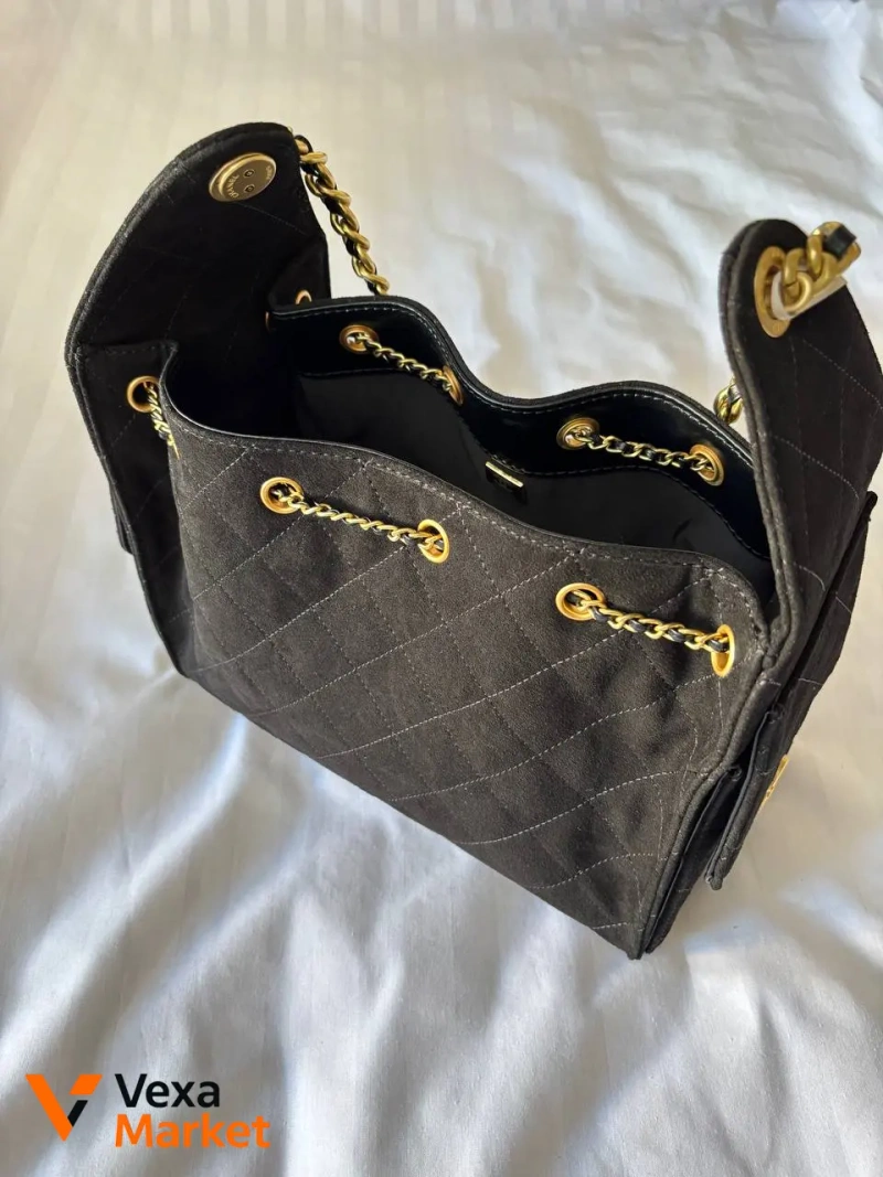 Chanel 25 Small Handbag Suede Black Gold Hardware — фото 6