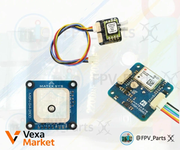 Matek ASPD-DLVR датчик повітряної швидкості, Matek M9N-5883 GPS приймач з компасом, Matek M9N-G4-3100 GPS приймач з компасом та CAN-хабом