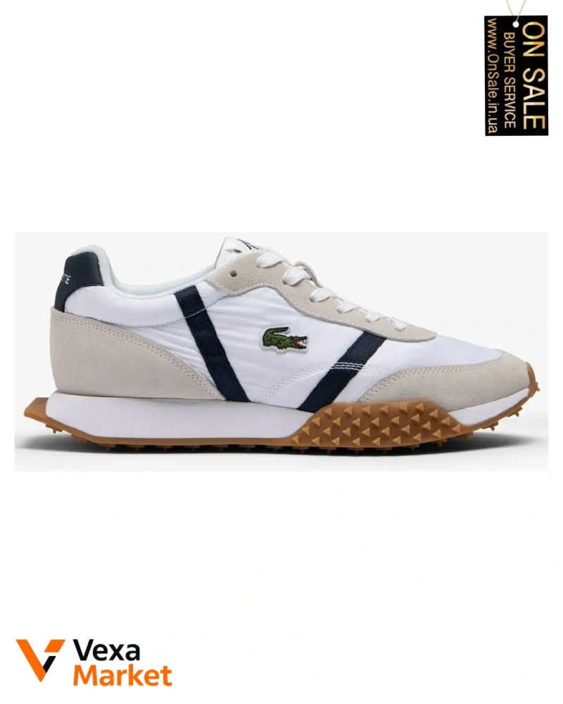 Чоловічі кросівки Lacoste білі з темно-синіми смужками — фото 2