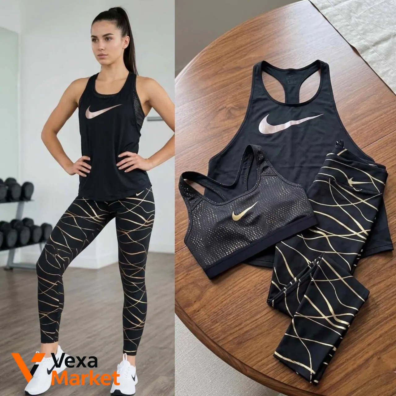 Спортивний комплект Nike жіночий топ і лосіни чорний з золотим