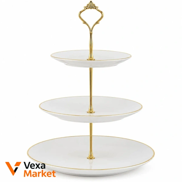 3-ярусна етажерка для десертів Excellent Houseware, біла із золотистою ручкою