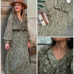 Сукня оливкова з коричневим поясом, розмір М/Л