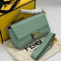 Fendi Baguette FF Embossed Leather Olive / Gold Bag