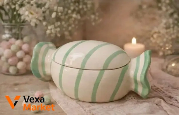 Цукерниця керамічна з кришкою 19×11×9 см біла в зелену смужку