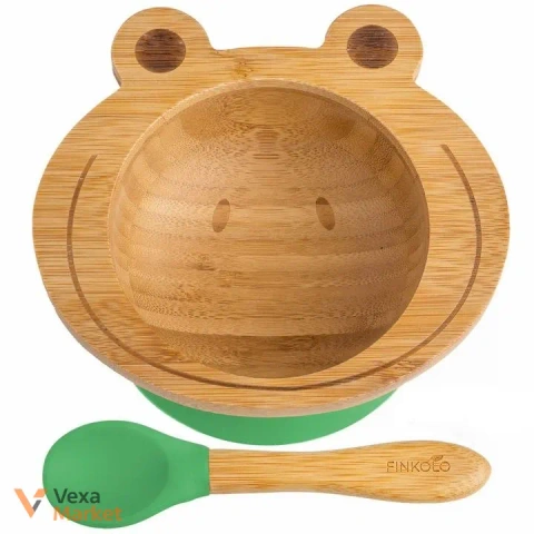 Дитяча бамбукова тарілка-миска з присоскою та ложечкою — Frog
