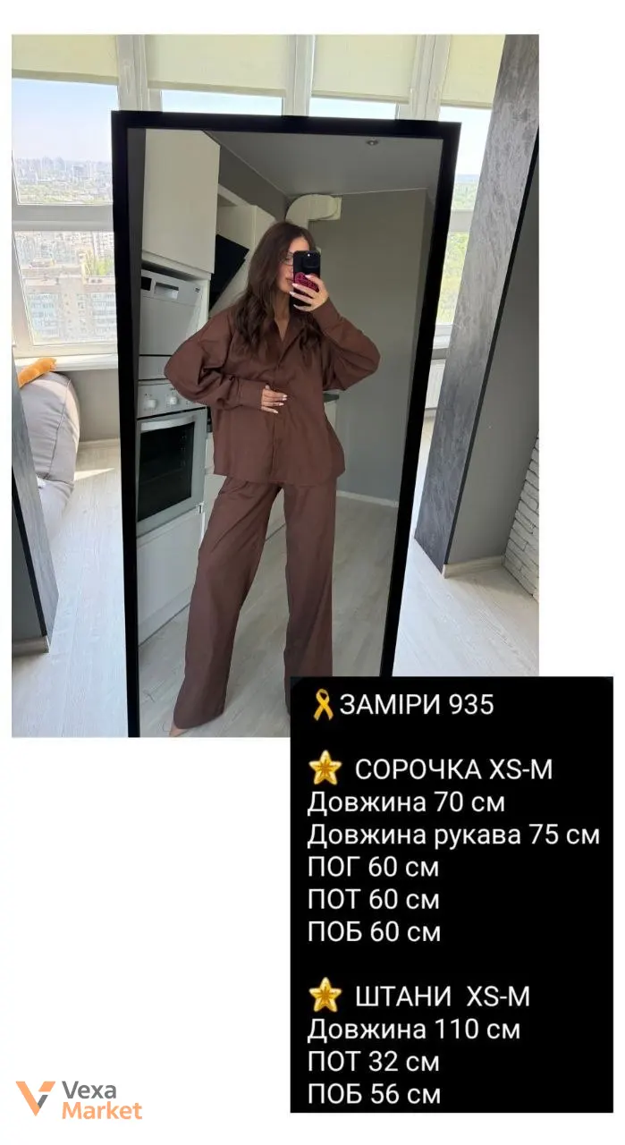 Костюм жіночий з натурального льону: штани палаццо та сорочка оверсайз з відкритою спинкою — фото 8