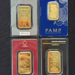 Золоті зливки Heraeus, PAMP, Münze Österreich, Argor-Heraeus, Credit Suisse 20г