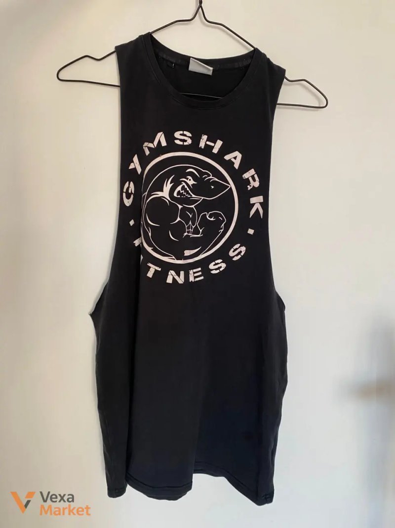 Чорна спортивна майка Gymshark Legacy Drop Arm Tank з принтом акули, розмір S — фото 2