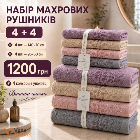 Набір махрових рушників 8 шт. (4 шт. 140x70 см, 4 шт. 95x50 см) з вишивкою, 4 кольори