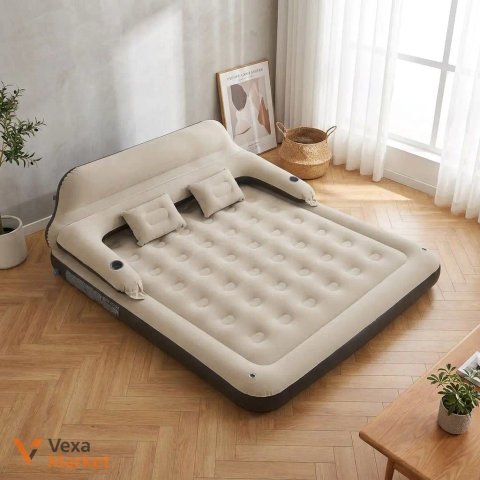 Надувний диван-матрац 2в1 KING Size 202×152×70 см з насосом, підголівником і подушками