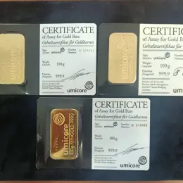 Золоті зливки Umicore 100 г з пошкодженою упаковкою