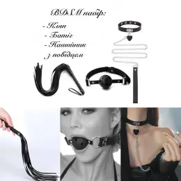 BDSM-набір 3в1: кляп, нашийник з повідцем, батіг