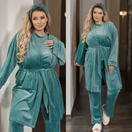 Комплект домашний женский велюровый (футболка, брюки, халат, повязка)